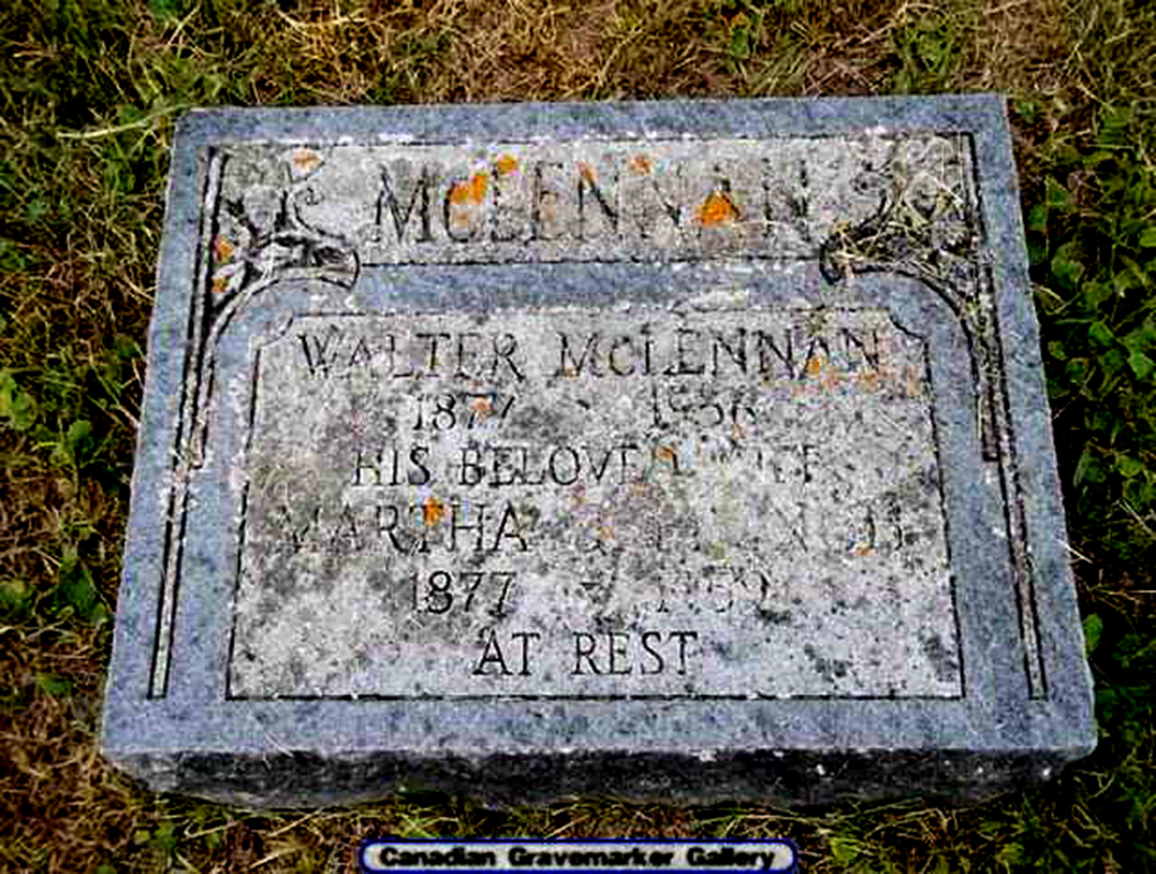 Photo of headstones/Walter McLennan 1877-1956 hdstn Waverley United Church cem ON
